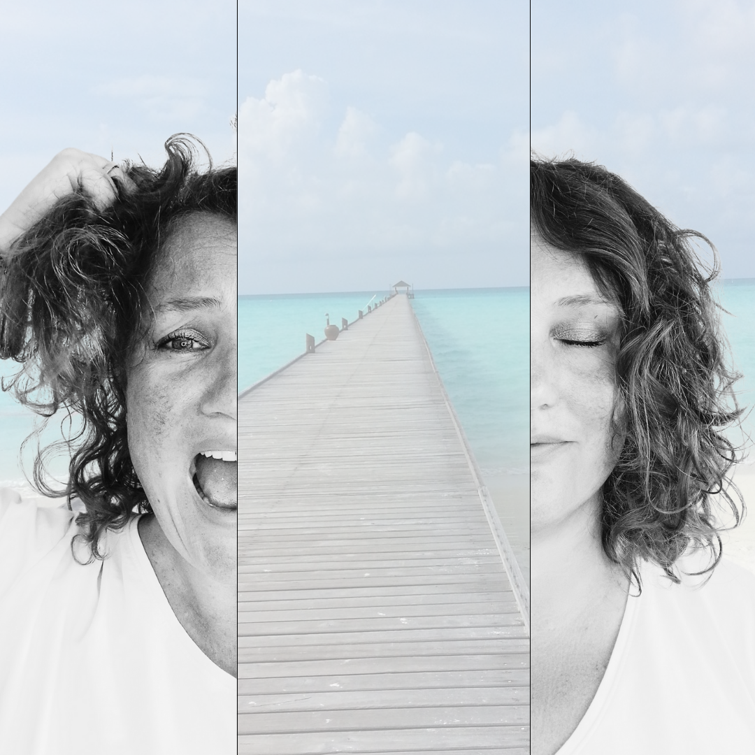 hoofd vrouw in tweeen gespltst, ene kant ontspanning, andere kant stress